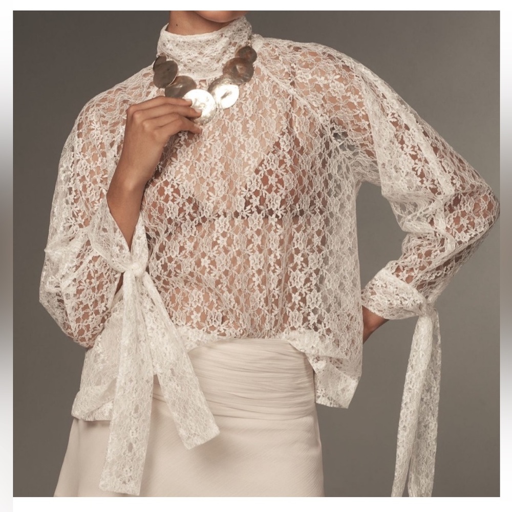 Forever That Girl Lace Turtleneck Billowy Blouse White